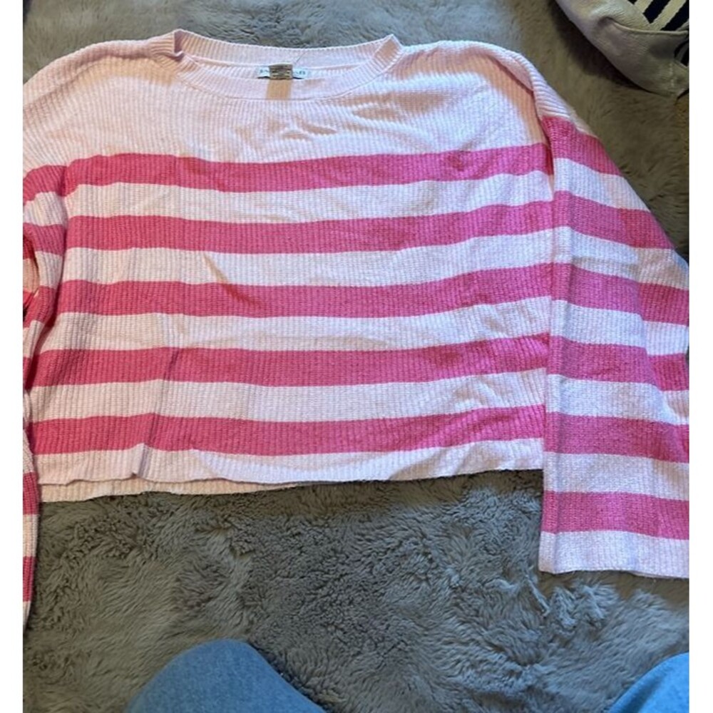 Pink and white striped long sleeve crewneck sweater